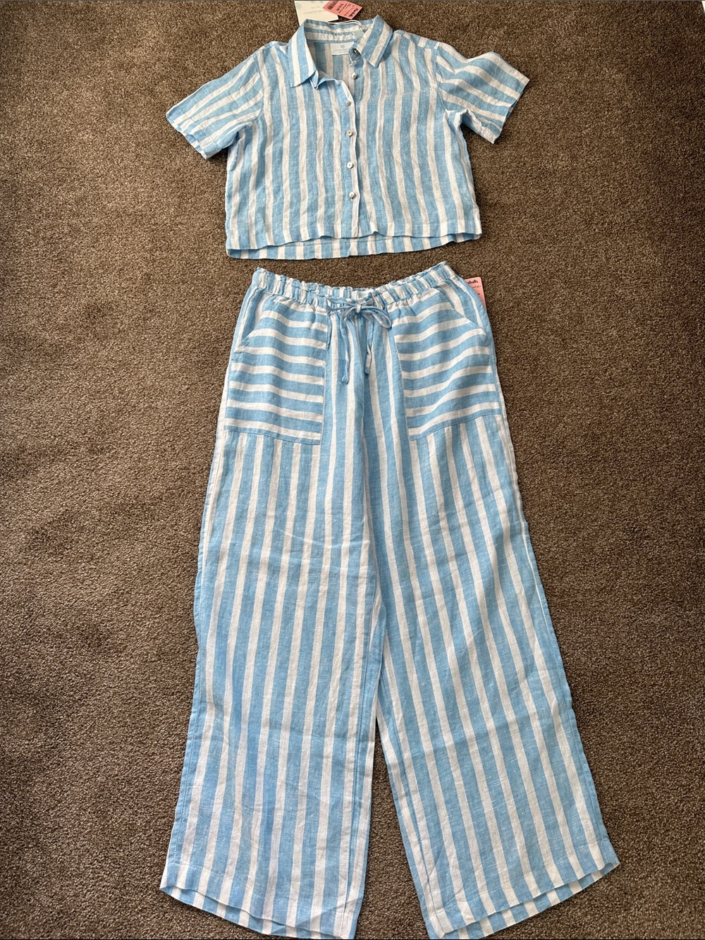 Cynthia Rowley Striped 100% Linen Two Piece Top & Pants Set Small NWT